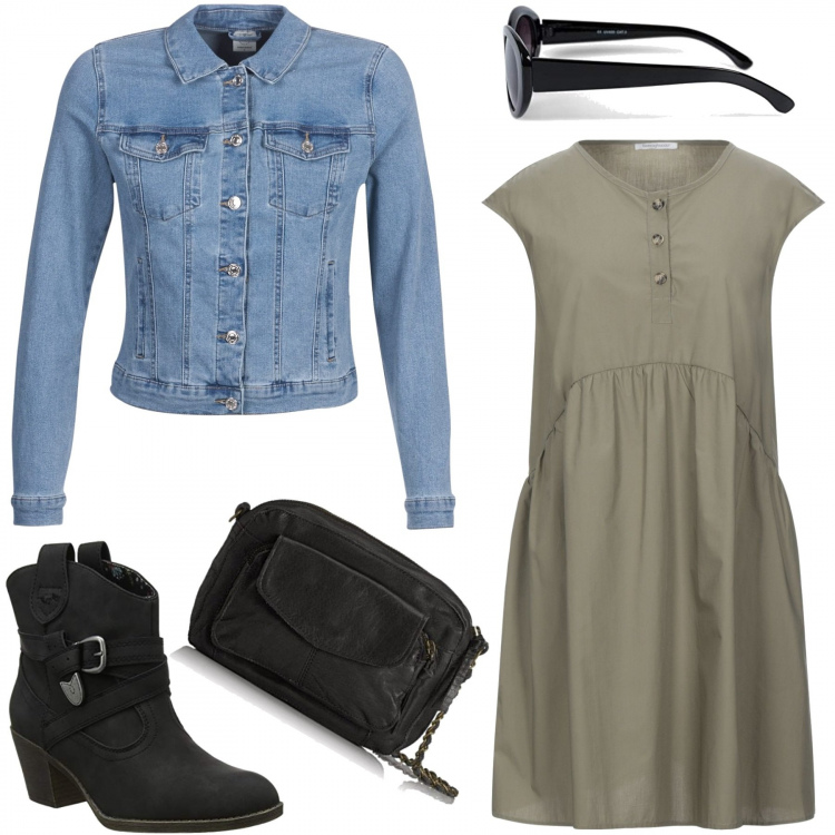Outfit donna - È tempo di shopping. Stile Trendy per Tutti i giorni. Abbinamento con vestiti corti, giacche, occhiali da sole, stivaletti texani, borse a tracolla.