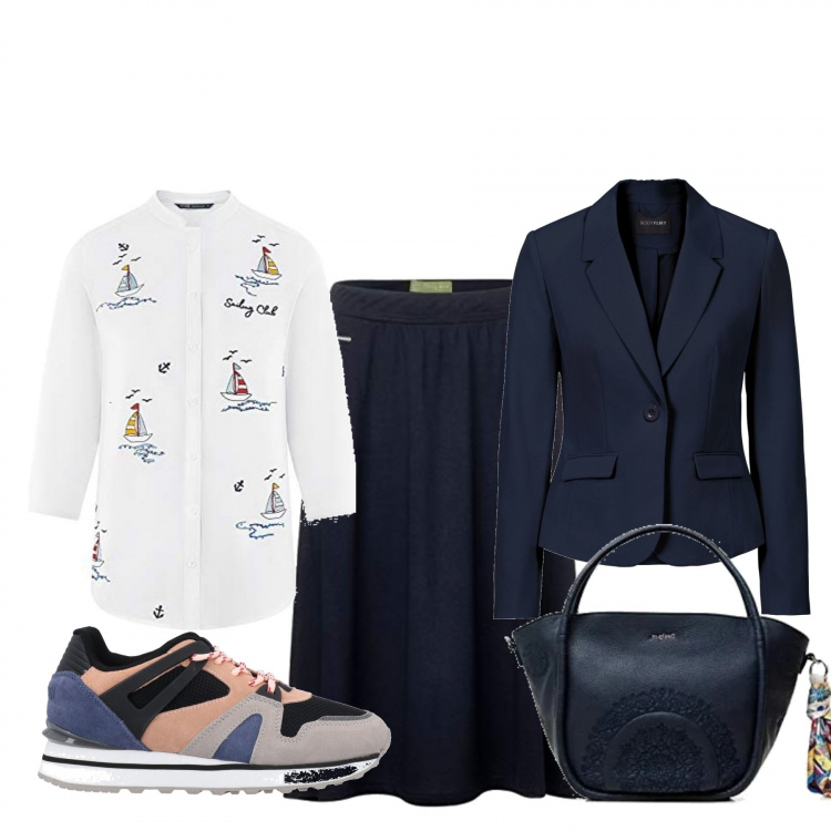 Outfit donna - Urban #10861. Stile Urban per Tutti i giorni. Abbinamento con blazer, sneakers, minigonne, camicie, borse a spalla.