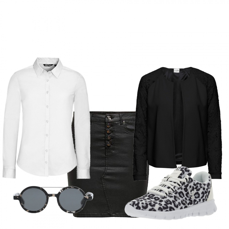 Outfit donna - Urban #10864. Stile Urban per Tutti i giorni. Abbinamento con blazer, occhiali da sole, camicie, sneakers, minigonne.