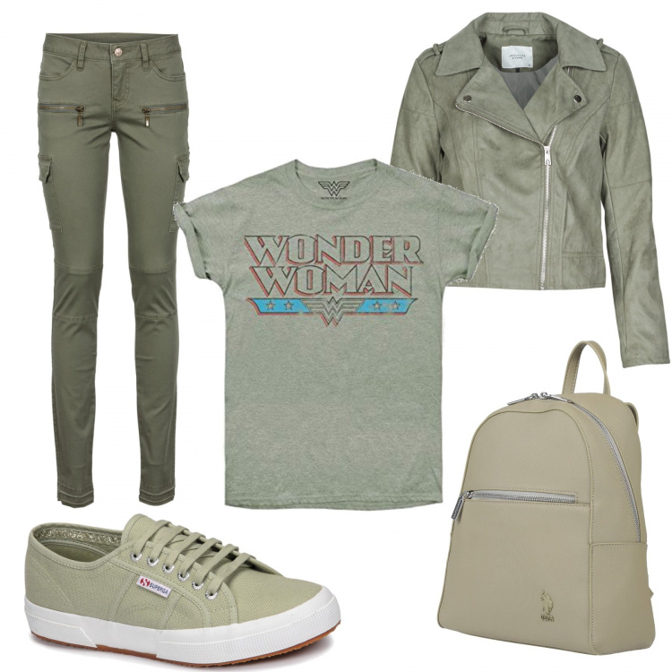 Outfit donna - Wonder Woman. Stile Urban per Scuola/Università. Abbinamento con pantaloni cargo, zaini, blazer, sneakers, t-shirt.