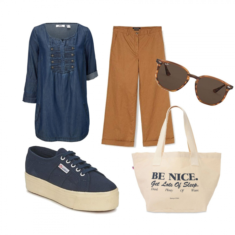 Outfit donna - Basic #20739. Stile Basic per Tutti i giorni. Abbinamento con bluse, sneakers, pantaloni, shopping bag, occhiali da sole.