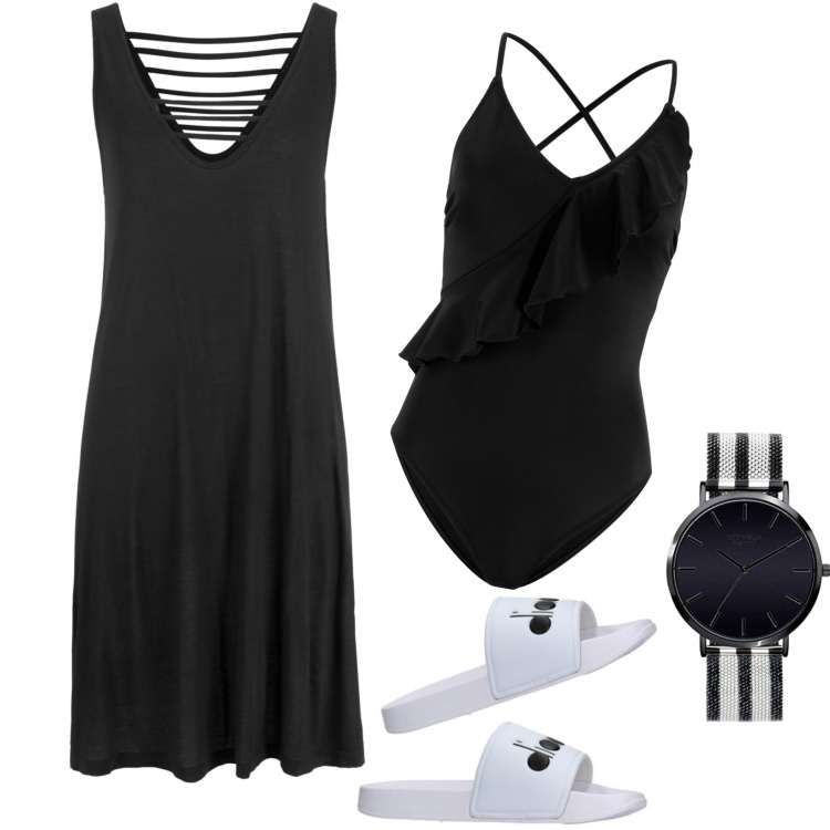 Outfit donna - Voglio andare al mare. Stile Basic per Mare. Abbinamento con vestiti da spiaggia, costumi interi, ciabatte, orologi analogici.