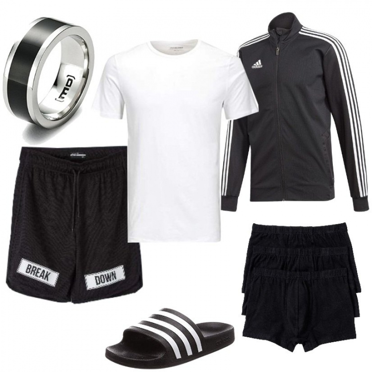 Outfit uomo - Giornata a casa!. Stile Urban per Sport. Abbinamento con boxer, pantaloni, giacche sportive, anelli, sandali, t-shirt.
