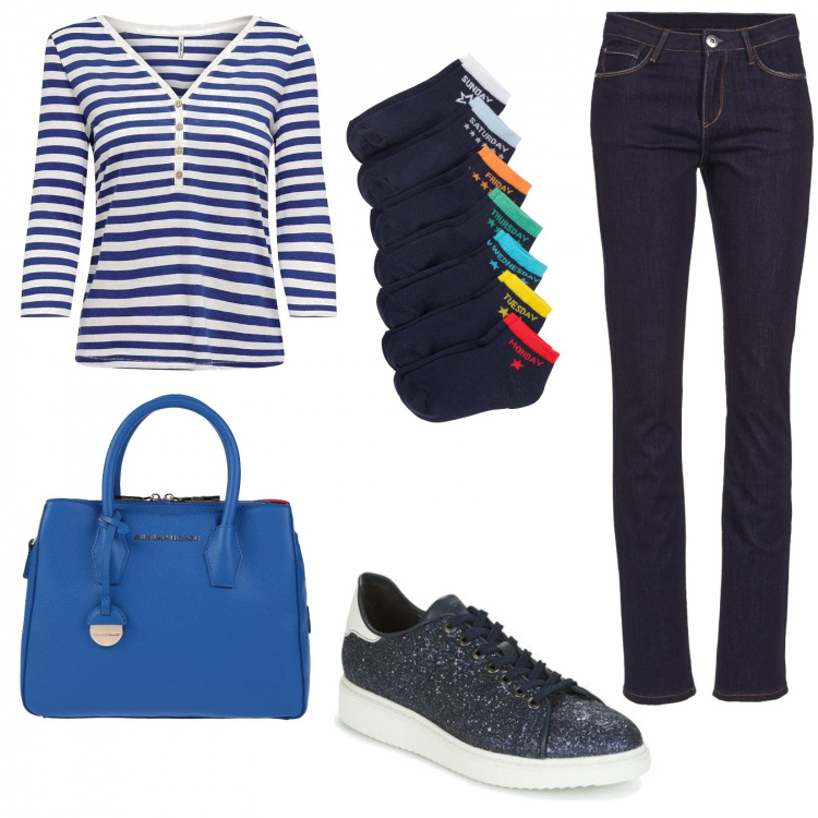 Outfit donna - Settimana dei fantasmini. Stile Basic per Tutti i giorni. Abbinamento con calzini, borse a mano, sneakers, jeans, t-shirt.