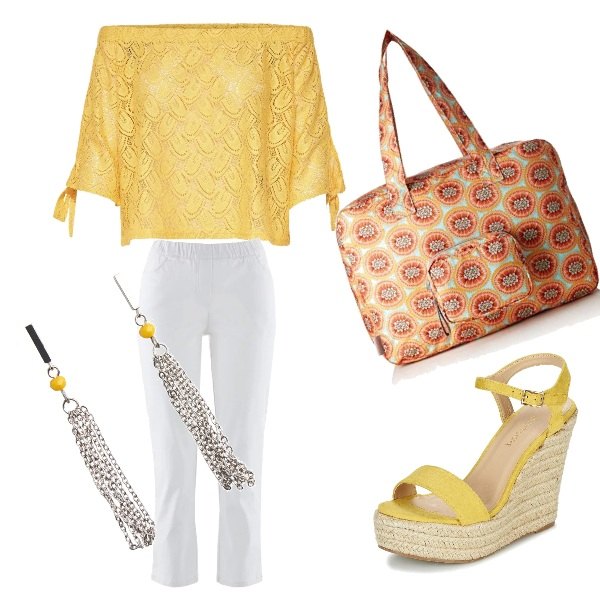 Outfit donna - Solare. Stile Basic per Tutti i giorni. Abbinamento con pantaloni, sandali giallo, top loose fit con pizzo a maniche 3/4, orecchini, borsa a mano arancione.