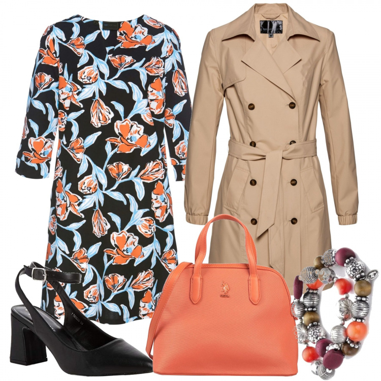 Outfit donna - In ufficio col vestito floreale. Stile Trendy per Ufficio. Abbinamento con vestiti, trench, borse a tracolla, scarpe col tacco, braccialetti.