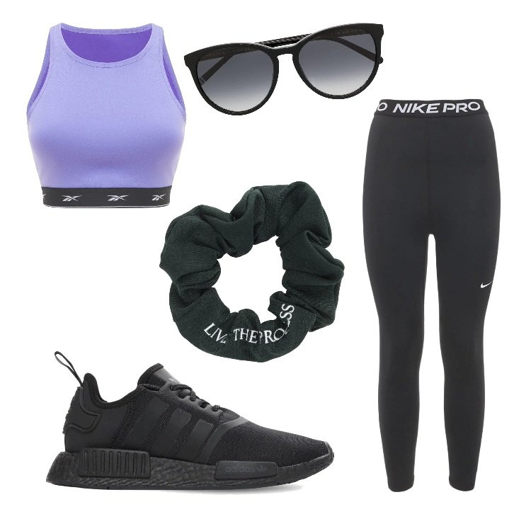 Outfit donna - Sempre con stile. Stile Trendy per Sport. Abbinamento con occhiali da sole, leggings, top, sneakers, accessori per capelli.