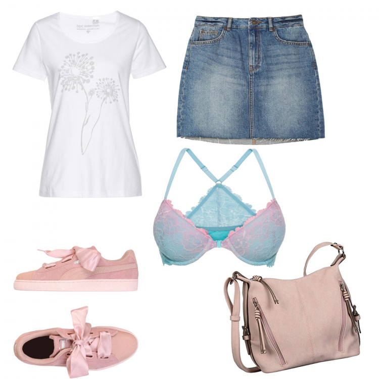 Outfit donna - Mini in jeans e sneakers. Stile Basic per Tutti i giorni. Abbinamento con t-shirt, reggiseni, sneakers, minigonne, borse a tracolla.