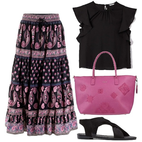 Outfit donna - Plus size etnico. Stile Etnico per Tutti i giorni. Abbinamento con gonne lunghe, sandali, borse a mano, camicie.