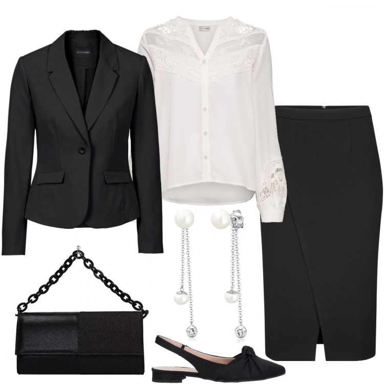 Outfit donna - Tailleur e scarpe flat - cerimonia curvy. Stile Bon Ton per Cerimonia. Abbinamento con ballerine, blazer, gonne longuette, felpe, pochette, orecchini.