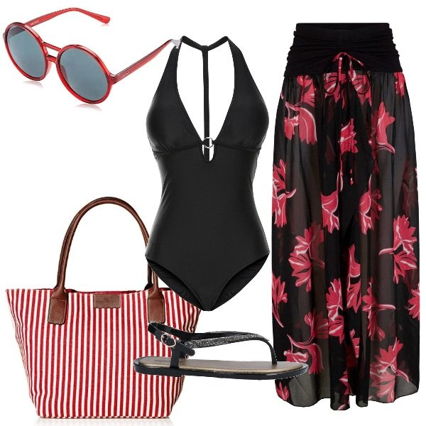 Outfit donna - Plus size mare. Stile Trendy per Mare. Abbinamento con costumi interi, vestiti da spiaggia, infradito, shopping bag, occhiali da sole.