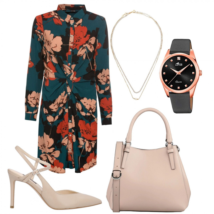 Outfit donna - Bon Ton #10016. Stile Bon Ton per Ufficio. Abbinamento con borse a mano, décolleté, collane, vestiti, orologi analogici.