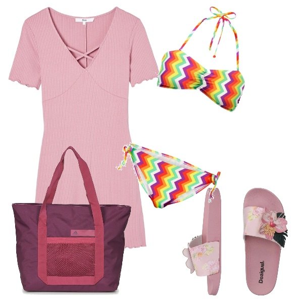 Outfit donna - Basic #7749. Stile Basic per Mare. Abbinamento con bikini con fasce, sandali fantasia floreale con borchie senza tacco con punta tonda, borsa tote viola, vestito con scollo a maniche corte jersey rosa.