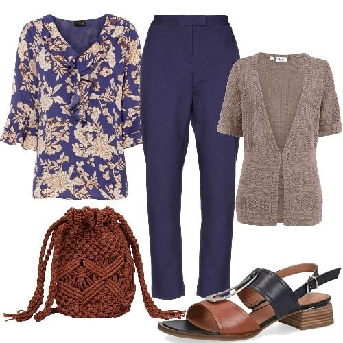 Outfit donna - Domenica ai giardini. Stile Bon Ton per Tutti i giorni. Abbinamento con pantaloni, borse a tracolla, cardigans, bluse, sandali col tacco.