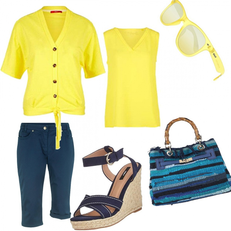 Outfit donna - Sunshine. Stile Basic per Tutti i giorni. Abbinamento con bermuda, borse a mano, bluse, canottiere, sandali col tacco, occhiali da sole.