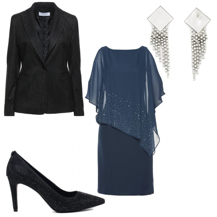 Outfit donna - Abito blu da cerimonia. Stile Chic per Cerimonia. Abbinamento con vestiti a tubino, blazer, décolleté, orecchini.