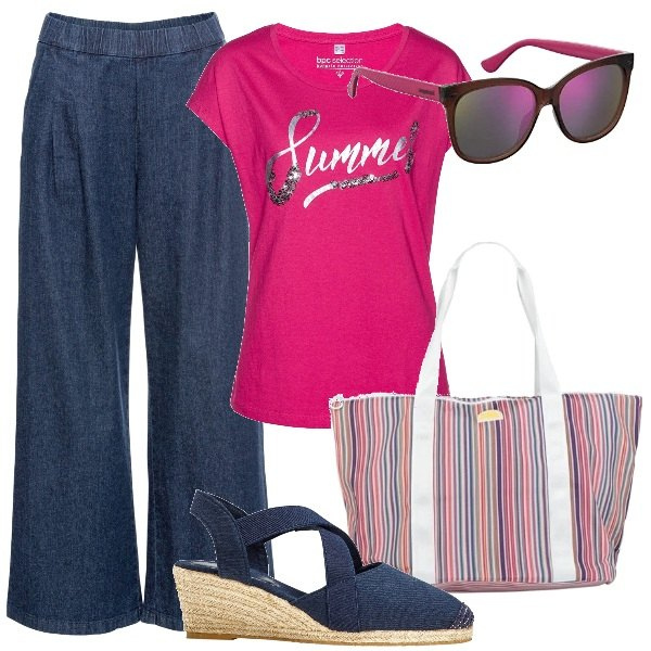 Outfit donna - Basico acceso. Stile Basic per Tutti i giorni. Abbinamento con maglieria, sandali col tacco, jeans, borse a spalla, occhiali da sole.