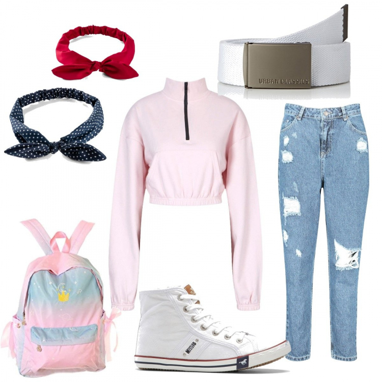 Outfit femme - Total look années 80. Style Tendance pour Ecole/Université. Assortir avec serre-têtes, chemisiers, ceintures, jeans mom, sweat-shirts, sacs à dos.
