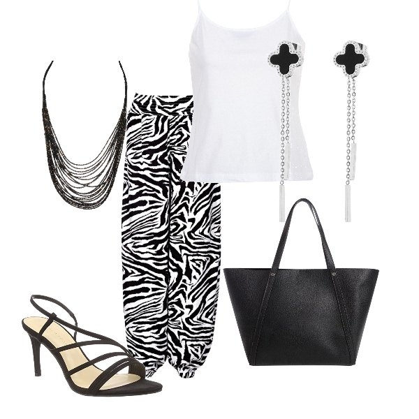 Outfit donna - Etnico #1734. Stile Etnico per Scuola/Università. Abbinamento con pantaloni a palazzo, top bianco, collana con perline nero, orecchini in acciaio inox argento, borsa a mano nero, scarpe col tacco open toe pianta larga nero.