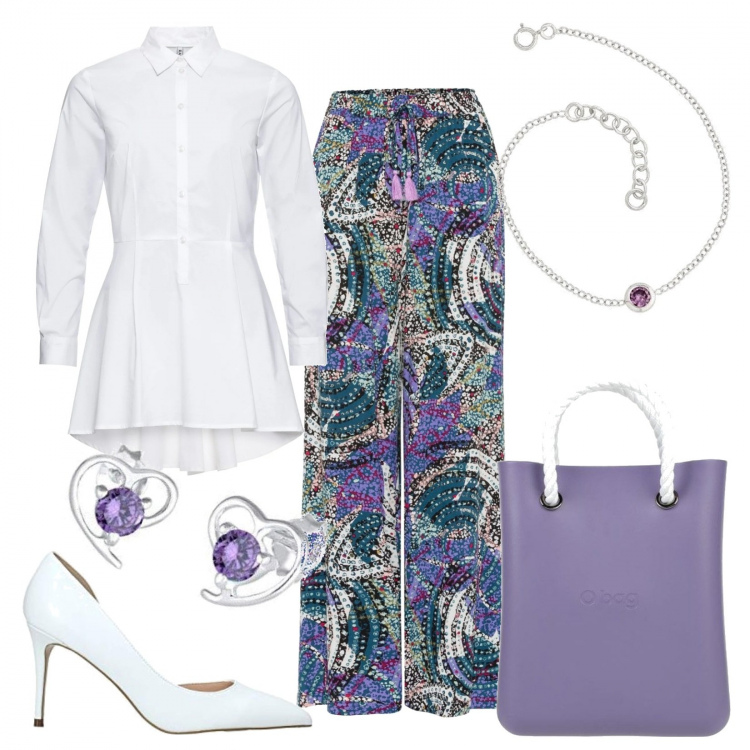 Outfit donna - Focus Donna Curvy. Stile Trendy per Tutti i giorni. Abbinamento con camicie, pantaloni, borse a mano, braccialetti, décolleté, orecchini.