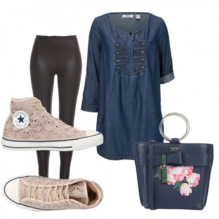 Outfit donna - Buon venerdi. Stile Urban per Tutti i giorni. Abbinamento con bluse, treggings, sneakers alte, borse a mano.