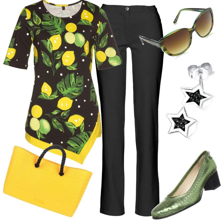 Outfit donna - Freschezza al limone. Stile Basic per Tutti i giorni. Abbinamento con pantaloni, maglieria, borse a mano, scarpe col tacco, orecchini, occhiali da sole.