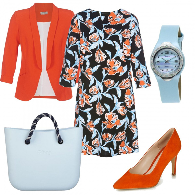Outfit donna - Monday Style-Il vestito floreale. Stile Chic per Ufficio. look ideale per Petite. Abbinamento con vestiti, borse a mano, décolleté, giacche, orologi.