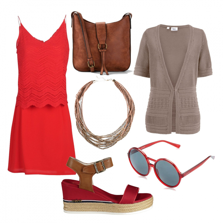 Outfit donna - Abito rosso e borsa cuoio. Stile Trendy per Serata fuori. Abbinamento con borse a tracolla, cardigans, collane, vestiti corti, sandali, occhiali da sole.