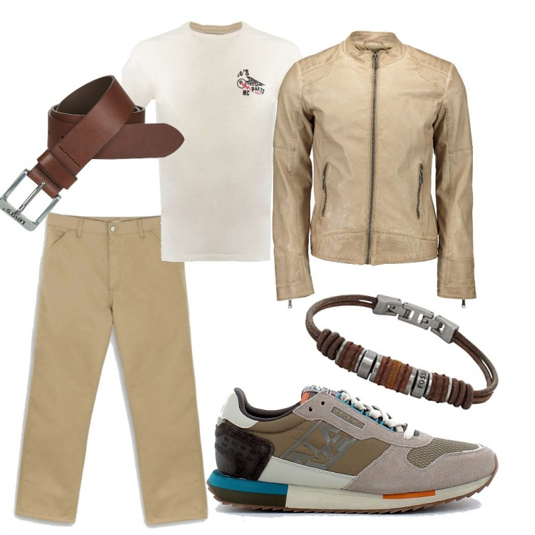 Outfit uomo - Quasi biker. Stile Urban per Tutti i giorni. Abbinamento con t-shirt, giacche, cinture, sneakers, braccialetti, pantaloni.