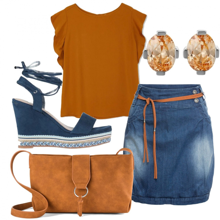 Outfit donna - Denim estivo. Stile Trendy per Tutti i giorni. Abbinamento con minigonne, borse a tracolla, sandali col tacco, bluse, orecchini.