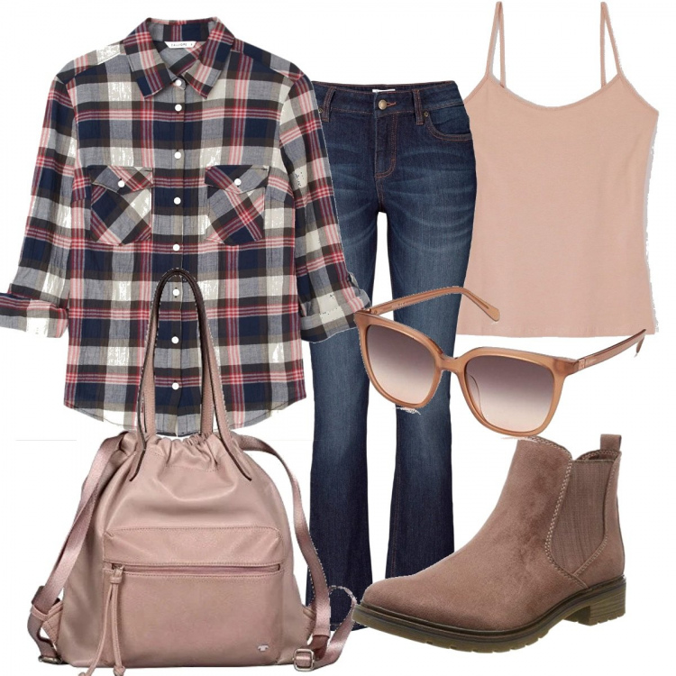 Outfit donna - Stile country. Stile Urban per Tutti i giorni. Abbinamento con jeans bootcut, canottiere, camicie, zaini, stivaletti chelsea, occhiali da sole.