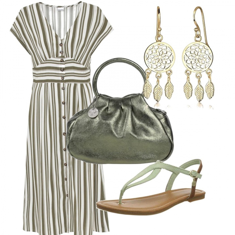 Outfit donna - Pronta per l\'estate. Stile Trendy per Tutti i giorni. Abbinamento con vestiti, borse a mano, sandali, orecchini.