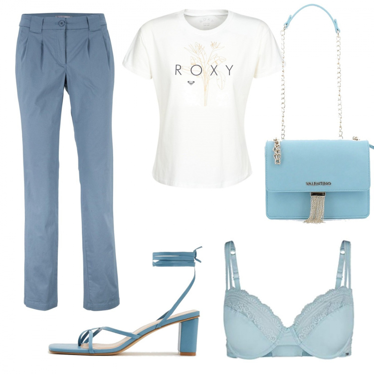 Outfit donna - Color cielo. Stile Bon Ton per Ufficio. Abbinamento con pantaloni chino, t-shirt, infradito, clutch, reggiseni.