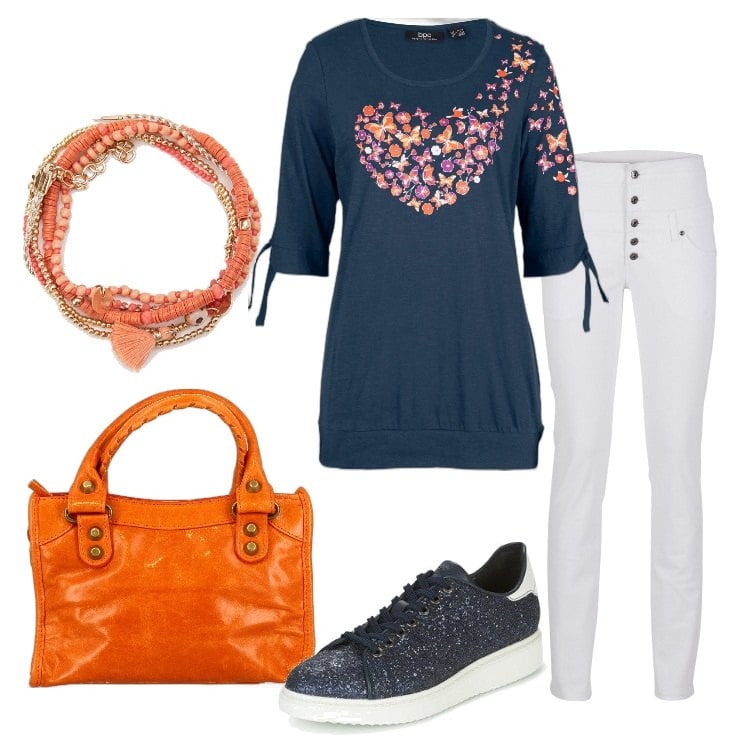 Outfit donna - Maglia lunga con cut-out. Stile Basic per Tutti i giorni. Abbinamento con maglieria, pantaloni skinny, borse a mano, sneakers, braccialetti.