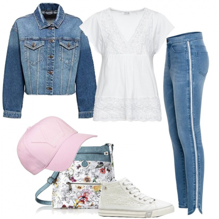 Outfit donna - Denim e pizzo. Stile Trendy per Scuola/Università. look ideale per Petite. Abbinamento con maglieria, jeans, sneakers, borse a mano, cappotti, berretti.