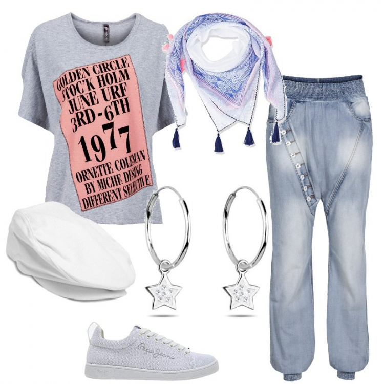 Outfit donna - Street wear. Stile Urban per Tutti i giorni. Abbinamento con maglieria, jeans, sneakers, scialli, orecchini, cappelli.