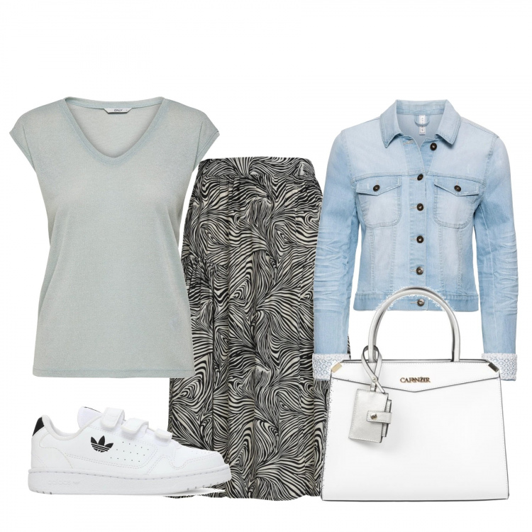 Outfit donna - Basic #21387. Stile Basic per Tutti i giorni. Abbinamento con blazer, borse a mano, gonne longuette, t-shirt, sneakers alte.