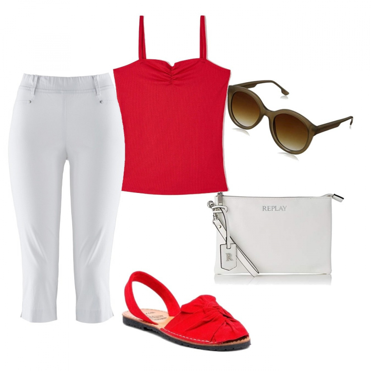Outfit donna - Il top rosso. Stile Basic per Tutti i giorni. Abbinamento con pantaloni, canottiere, sandali, clutch, occhiali da sole.