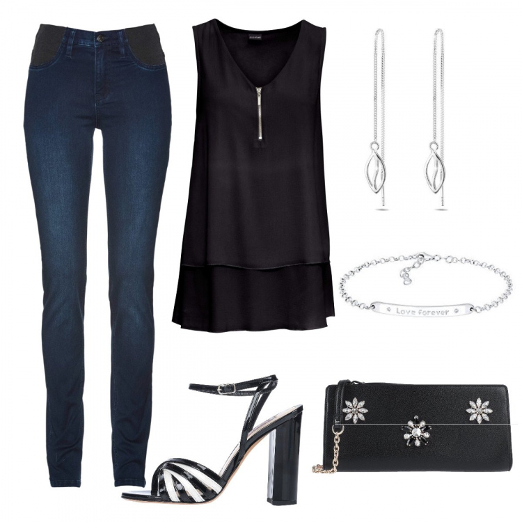 Outfit donna - Il top con cerniera. Stile Chic per Serata fuori. Abbinamento con jeans, top, sandali col tacco, borse a mano, braccialetti, orecchini.