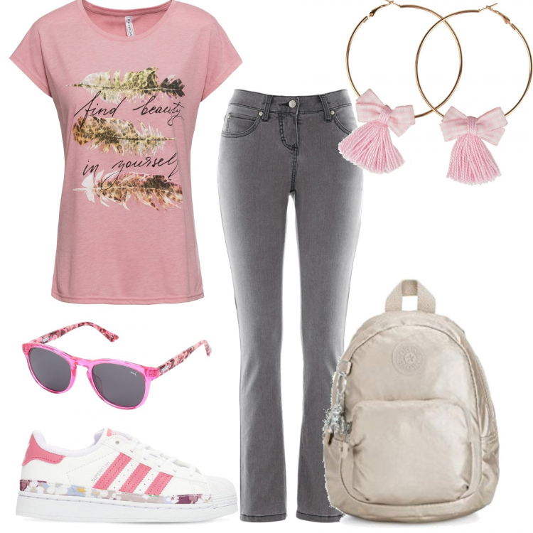 Outfit donna - Comfort. Stile Basic per Tutti i giorni. Abbinamento con jeans slim fit, t-shirt, occhiali da sole, orecchini, sneakers, zaini.