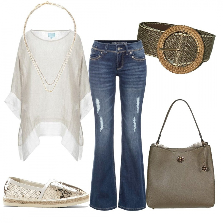 Outfit donna - Espadrillas dorate. Stile Trendy per Tutti i giorni. Abbinamento con jeans a zampa, espadrillas, bluse, collane, cinture, borse a mano.