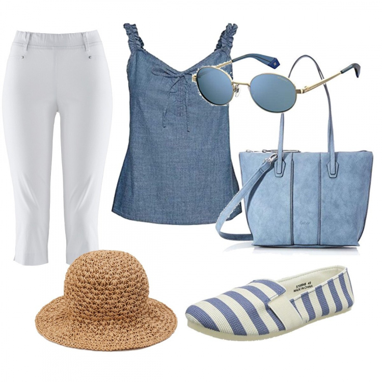 Outfit donna - WE a Capri. Stile Trendy per Tutti i giorni. Abbinamento con pantaloni, cappelli, canottiere, espadrillas, shopping bag, occhiali da sole.