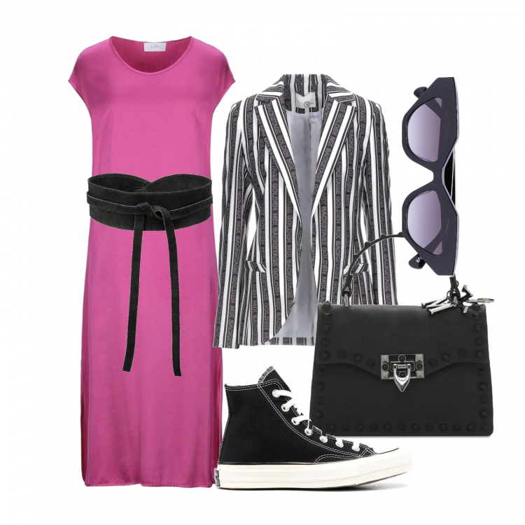 Outfit donna - Mix mama. Stile Urban per Tutti i giorni. Abbinamento con cinture, blazer, vestiti midi/longuette, sneakers alte, occhiali da sole, zaini.