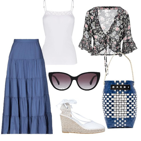 Outfit donna - Etnico #1779. Stile Etnico per Tutti i giorni. Abbinamento con borse a secchiello, canottiere, gonne lunghe, top, espadrillas, occhiali da sole.