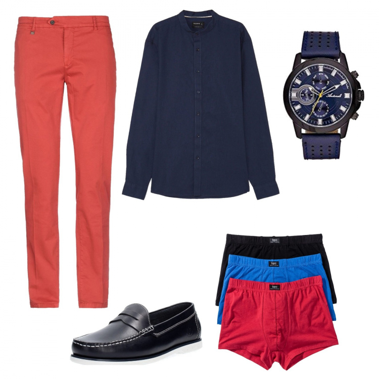 Outfit uomo - Camicia comfort slim. Stile Casual per Ufficio. Abbinamento con boxer, pantaloni, scarpe stringate, camicie, orologi analogici.