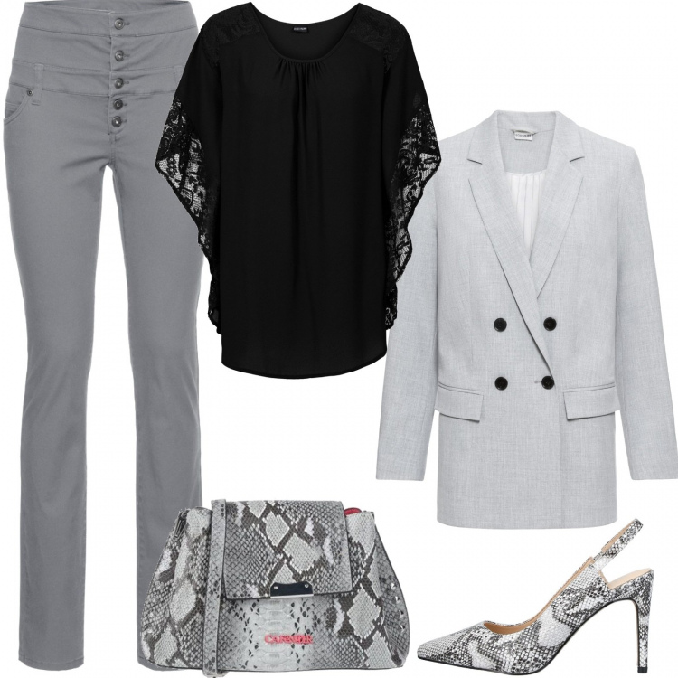 Outfit donna - Pitonata. Stile Urban per Ufficio. Abbinamento con bluse, pantaloni skinny, blazer, décolleté, borse a tracolla.