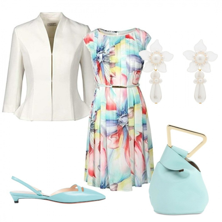 Outfit donna - Cerimonia curvy senza tacchi. Stile Chic per Cerimonia. Abbinamento con ballerine, orecchini, vestiti, borse a mano, blazer.