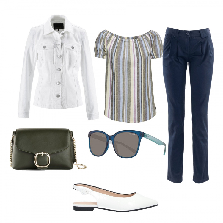 Outfit donna - Righe e via. Stile Urban per Tutti i giorni. Abbinamento con pantaloni chino, bluse, blazer, borse a tracolla, ballerine, occhiali da sole.