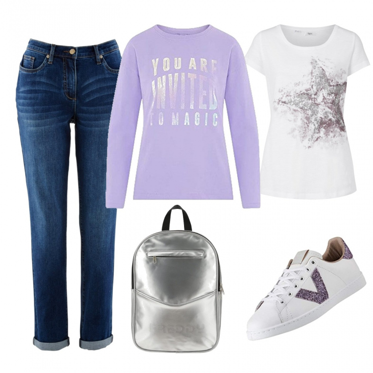 Outfit donna - A scuola di Magia. Stile Trendy per Scuola/Università. Abbinamento con jeans boyfriend, t-shirt, zaini, sneakers, maglieria.