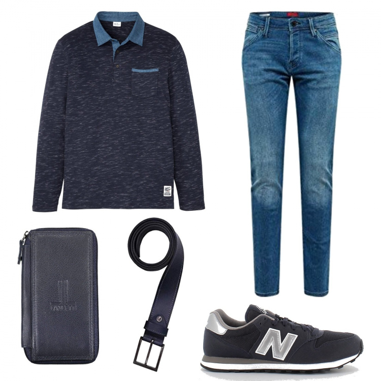 Outfit uomo - Polo manica lunga. Stile Trendy per Tutti i giorni. Abbinamento con polo, sneakers, jeans, cinture, portachiavi.